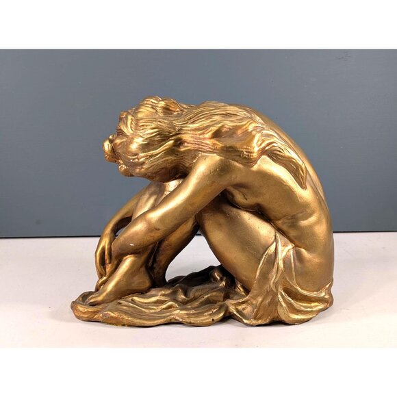 Vintage Chalkware Nude Female Figure, Gold Painted Plaster Semi-Nude Woman - Picture 5 of 10